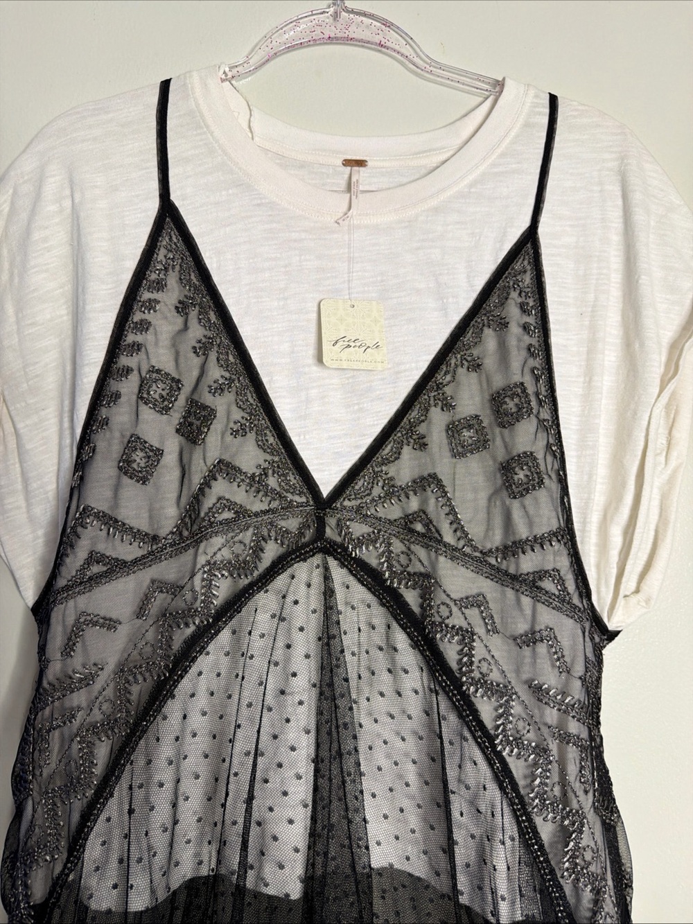 Free People Siren Tulle Embellished lace Layer Twofer Tee Shirt Maxi Top - Picture 4 of 6